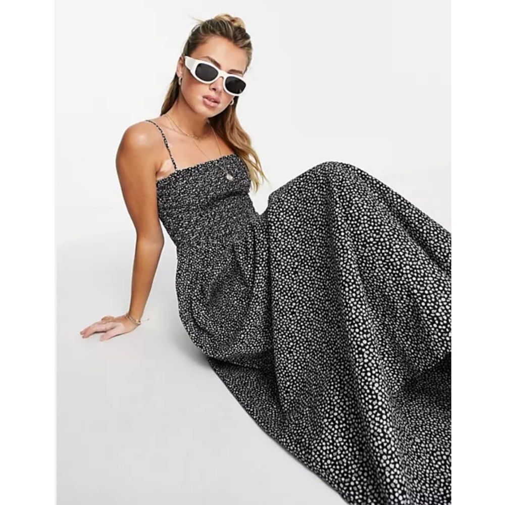 & Other Stories Smock Detail Cami Midi Dress in Black and White Ditsy Floral 2